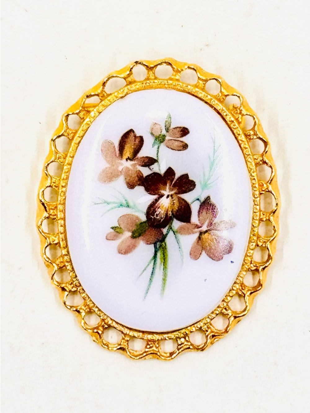 Vintage Gold Tone Framed Milk Glass Hand Painted Brown Floral Cameo Brooch